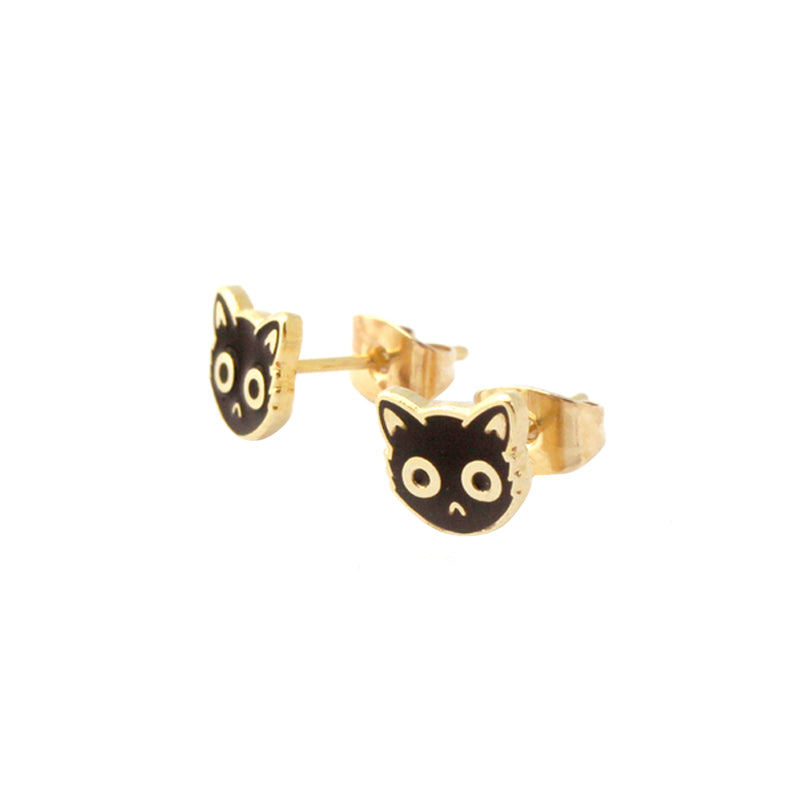 Black Enamel Cat Face Stud Earrings