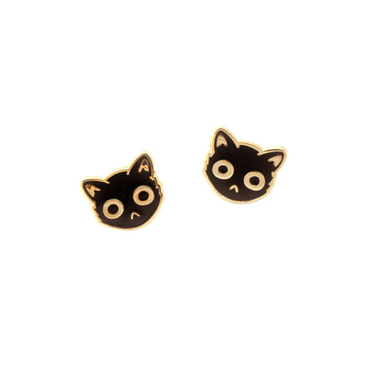 Black Enamel Cat Face Stud Earrings