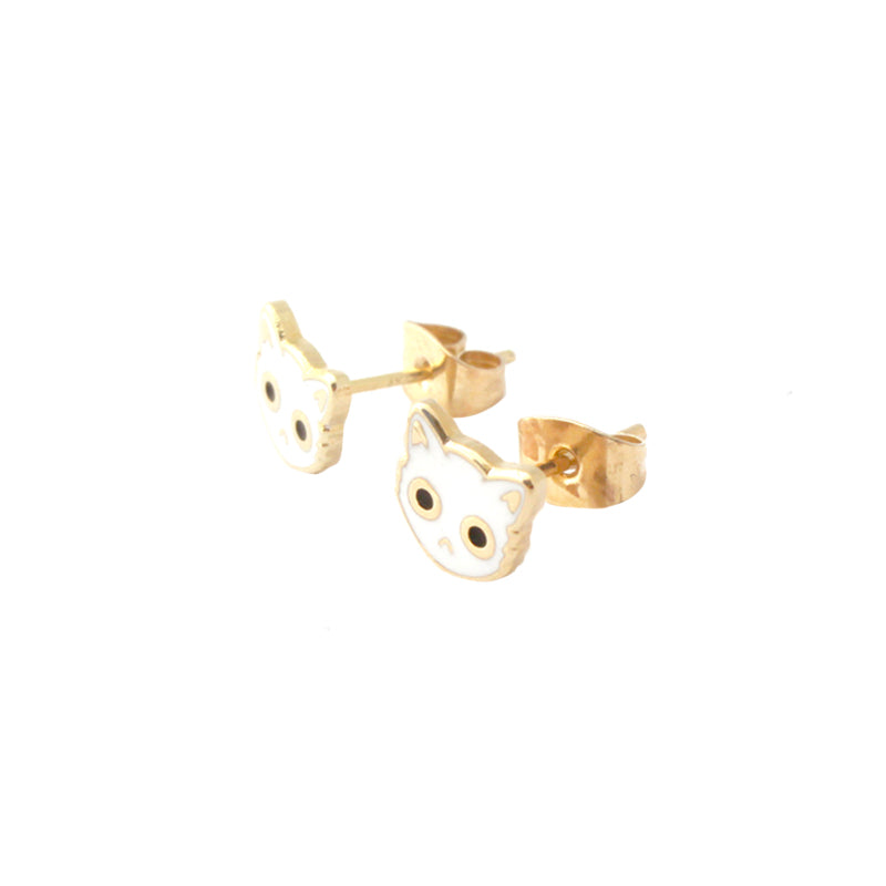 White Enamel Cat Face Stud Earrings