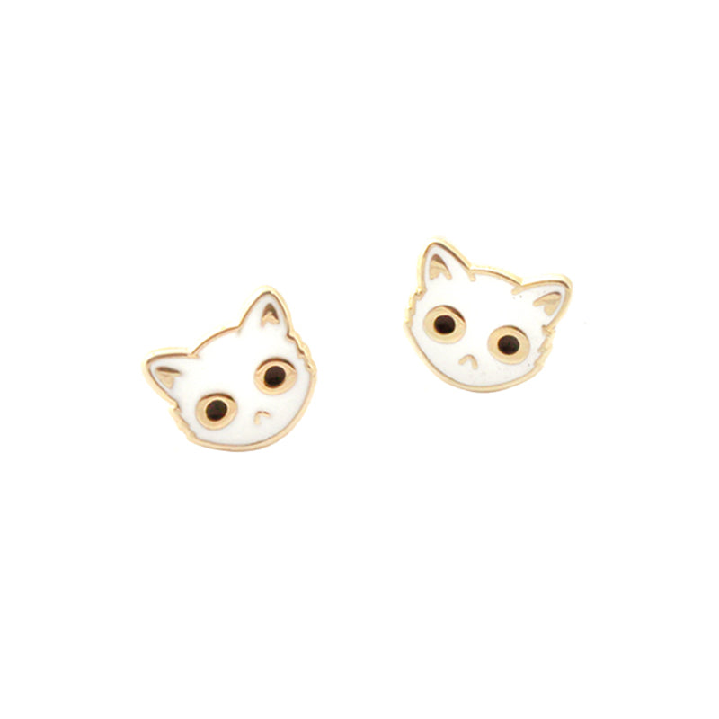 White Enamel Cat Face Stud Earrings