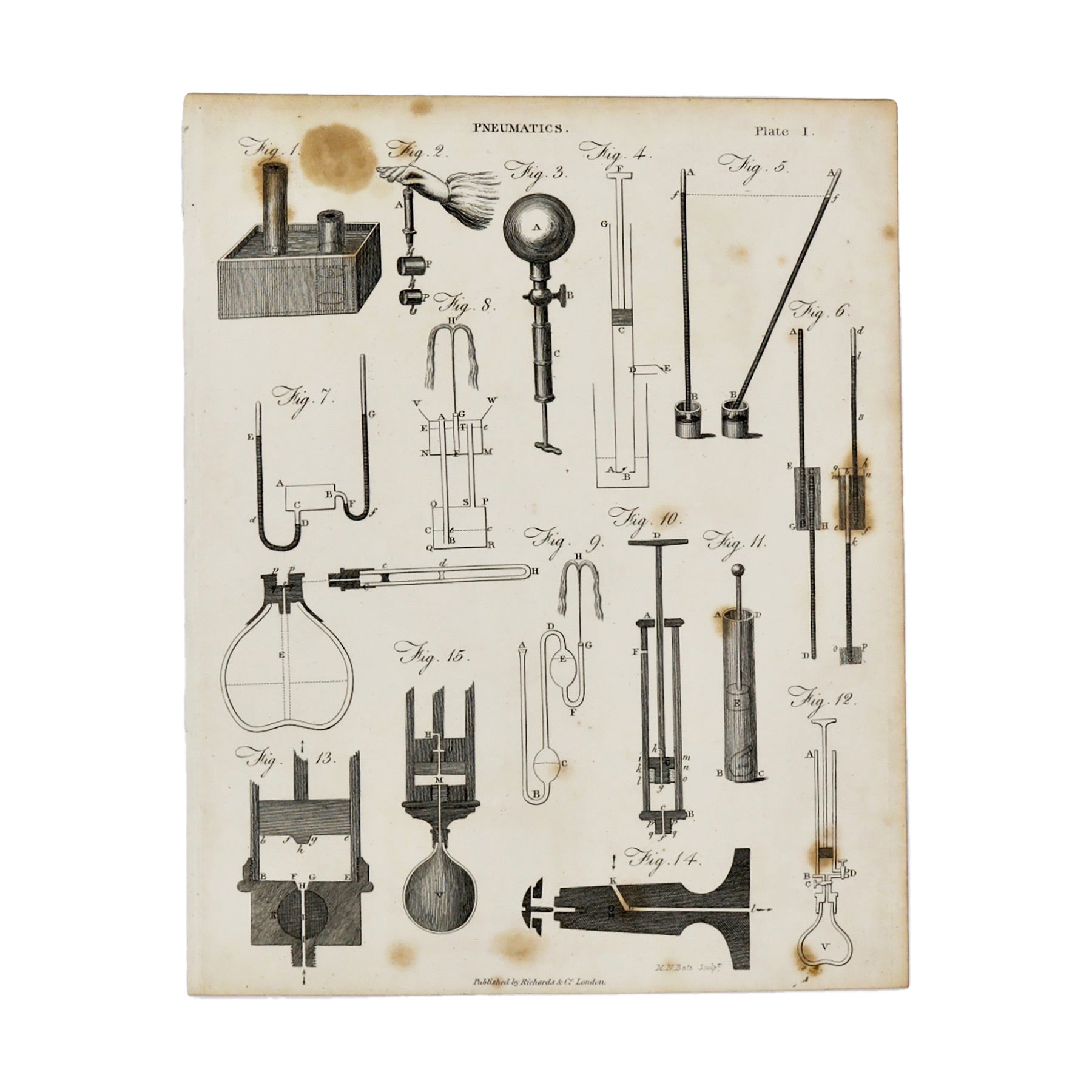 Pneumatics Plate 1  Antique 1820 Engraving from "The Modern Encyclopedia: The Latest Discoveries in each Department of Knowledge."  1820s etching depicting various tools used in the study of pneumatics.  Measures 10.5 x 8.25 inches