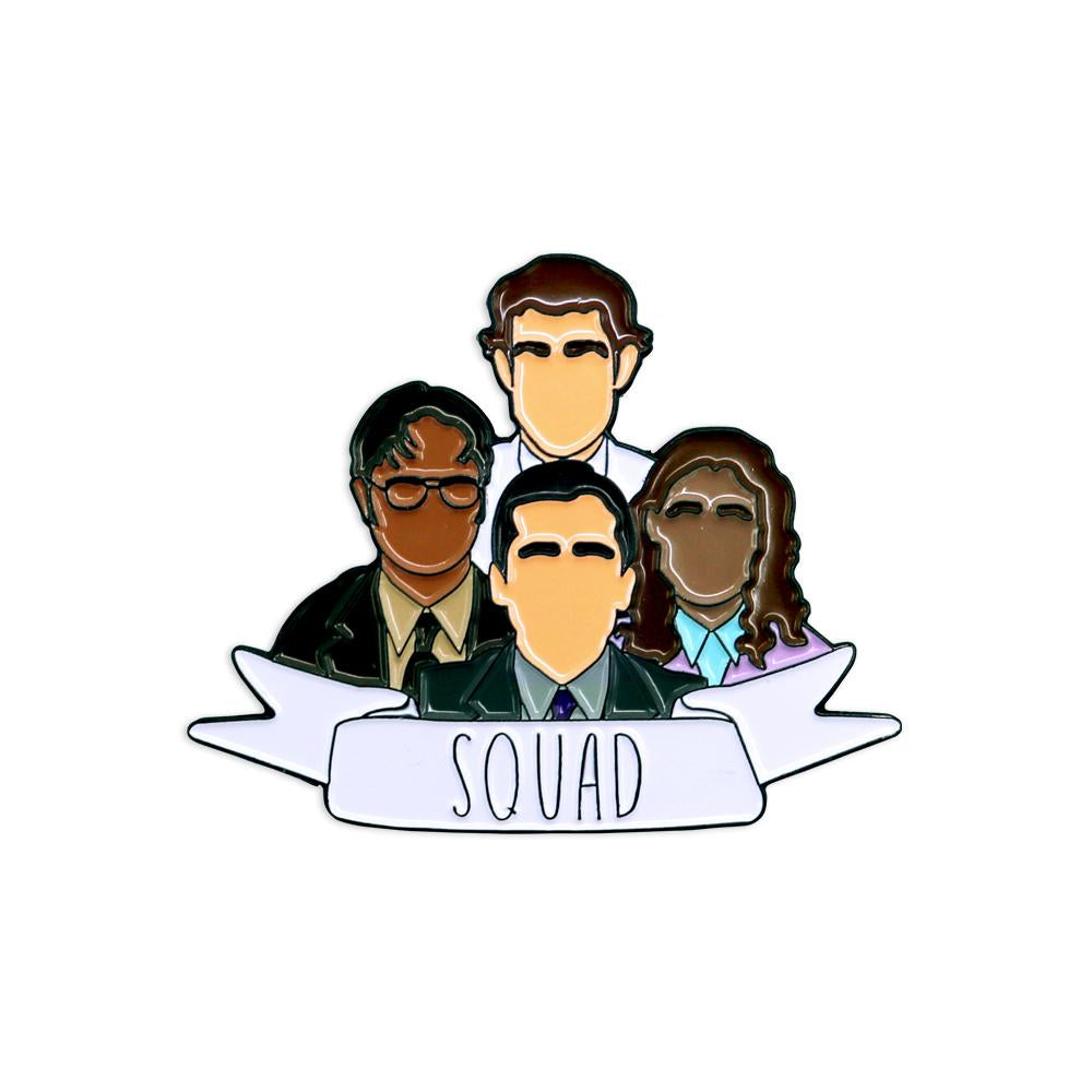 By Loudmouth Pin Co. Metal Squad Pin with two rubber backings. Michael Scott, Dwight K. Schrute, Pam Beesley, and Jim Halpert are the squad to back you up. Please note that due to everyone’s monitor displaying differently, the colors you see may vary. Measures approx. 1.5 inch x 2 inch