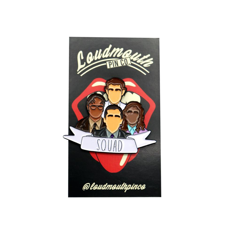 By Loudmouth Pin Co. Metal Squad Pin with two rubber backings. Michael Scott, Dwight K. Schrute, Pam Beesley, and Jim Halpert are the squad to back you up. Please note that due to everyone’s monitor displaying differently, the colors you see may vary. Measures approx. 1.5 inch x 2 inch